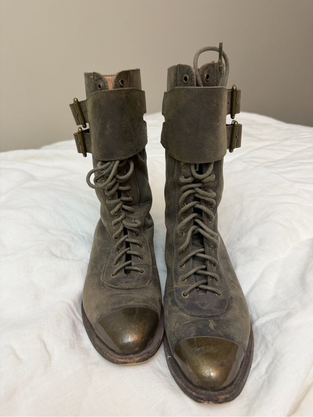 Jeffrey Campbell Lace-Up Military-Inspired Boots in Olive with removable buckles